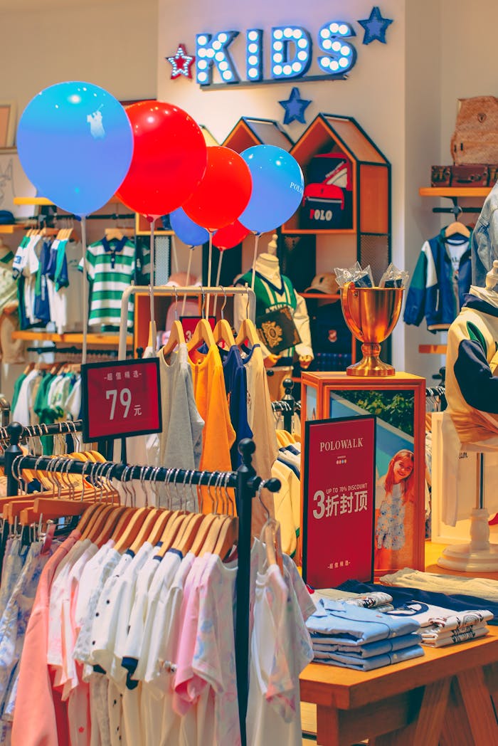 Colorful kids clothing store interior with balloons and playful decor.